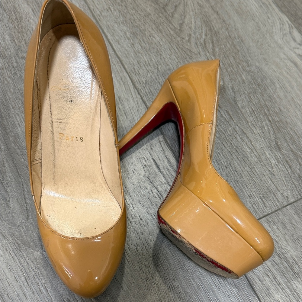 Christian Louboutin Tan Patent Platform Pumps